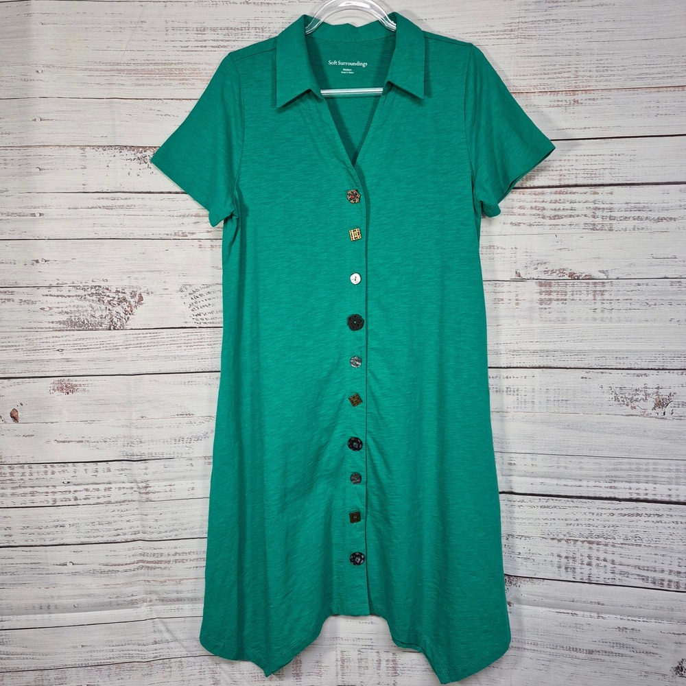 Soft Surroundings Green Cotton Multi Button Sharkbite Hem Shirt Dress 2FW54 Med